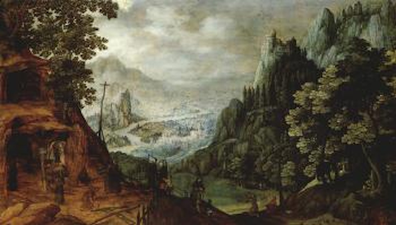 Extensive mountain landscape with river and monks by grotto by Tobias Verhaecht