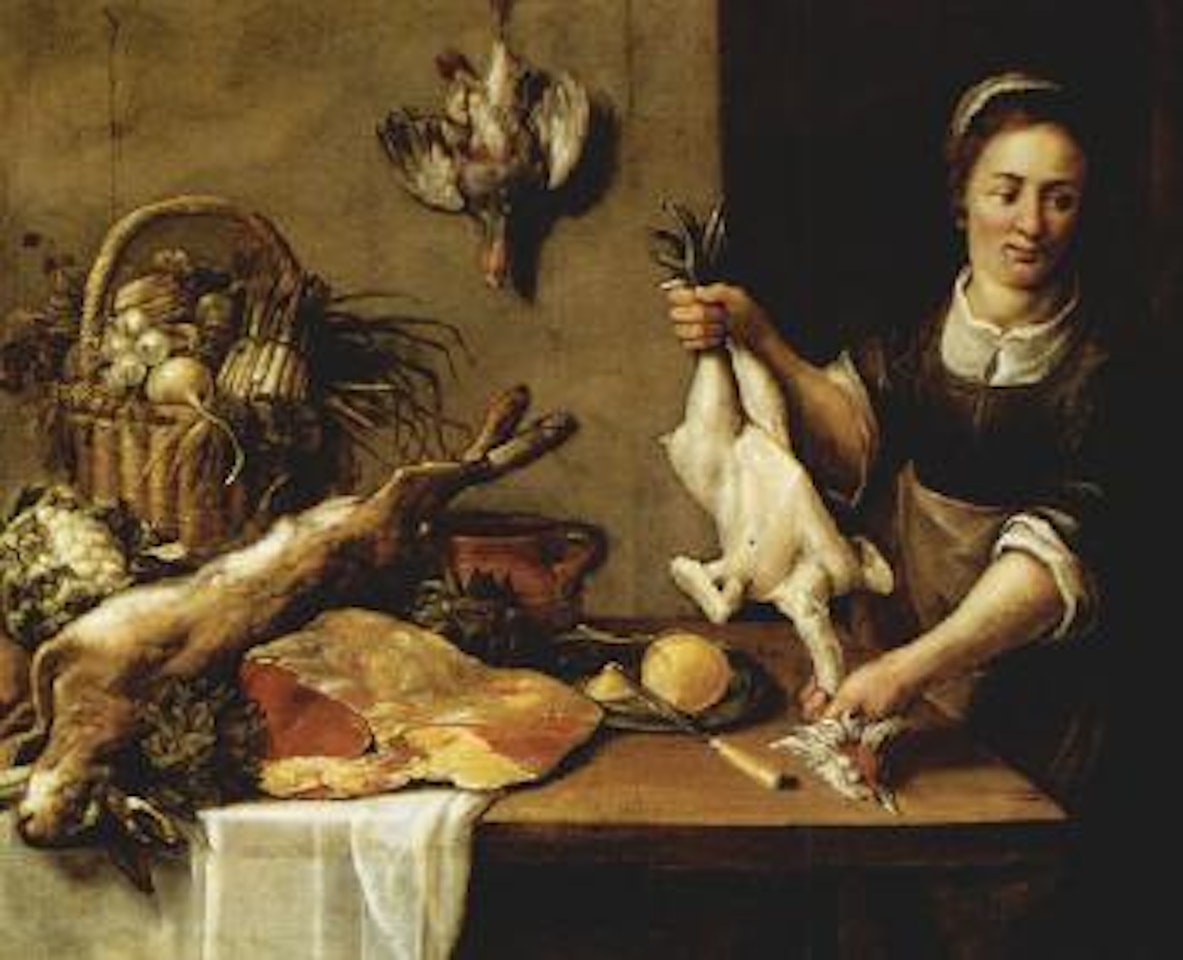Kitchen still life with cook by Adriaen van Utrecht