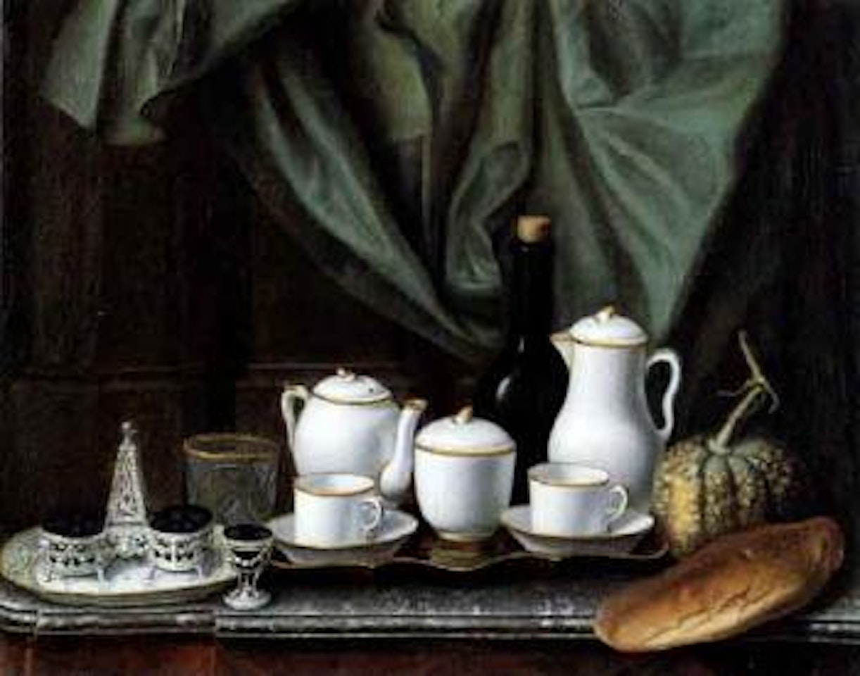 Still life with white porcelain tea service, bottle, bread by French School