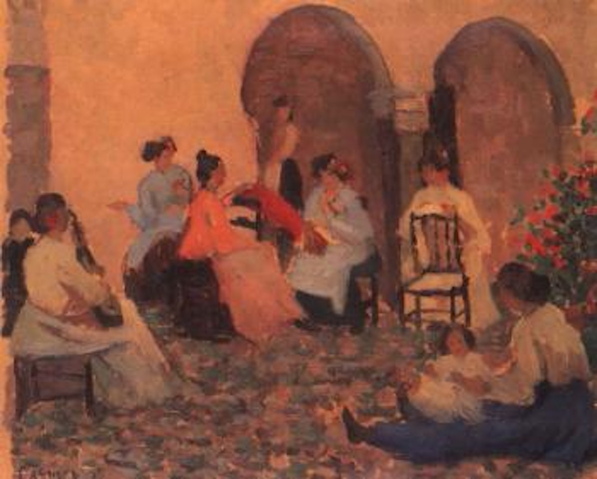 Women in courtyard by Ethel Carrick Fox