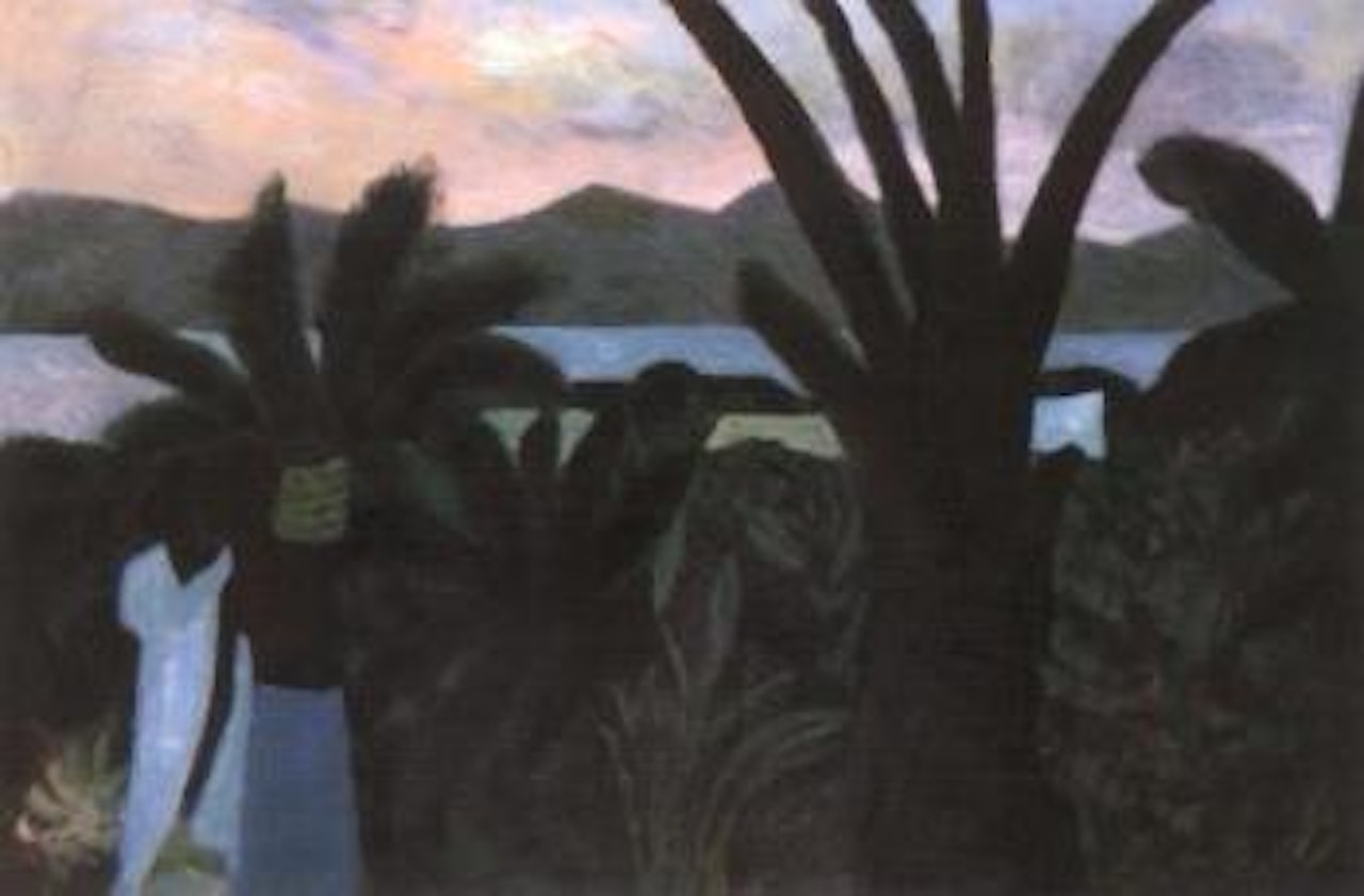 Figures in village by Ray Austin Crooke