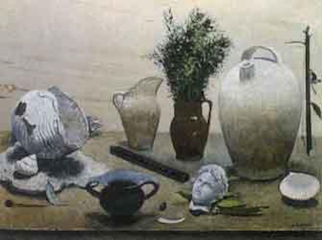 Still life with vase, shells, flute, plaster bust by Giovanni Colacicchi