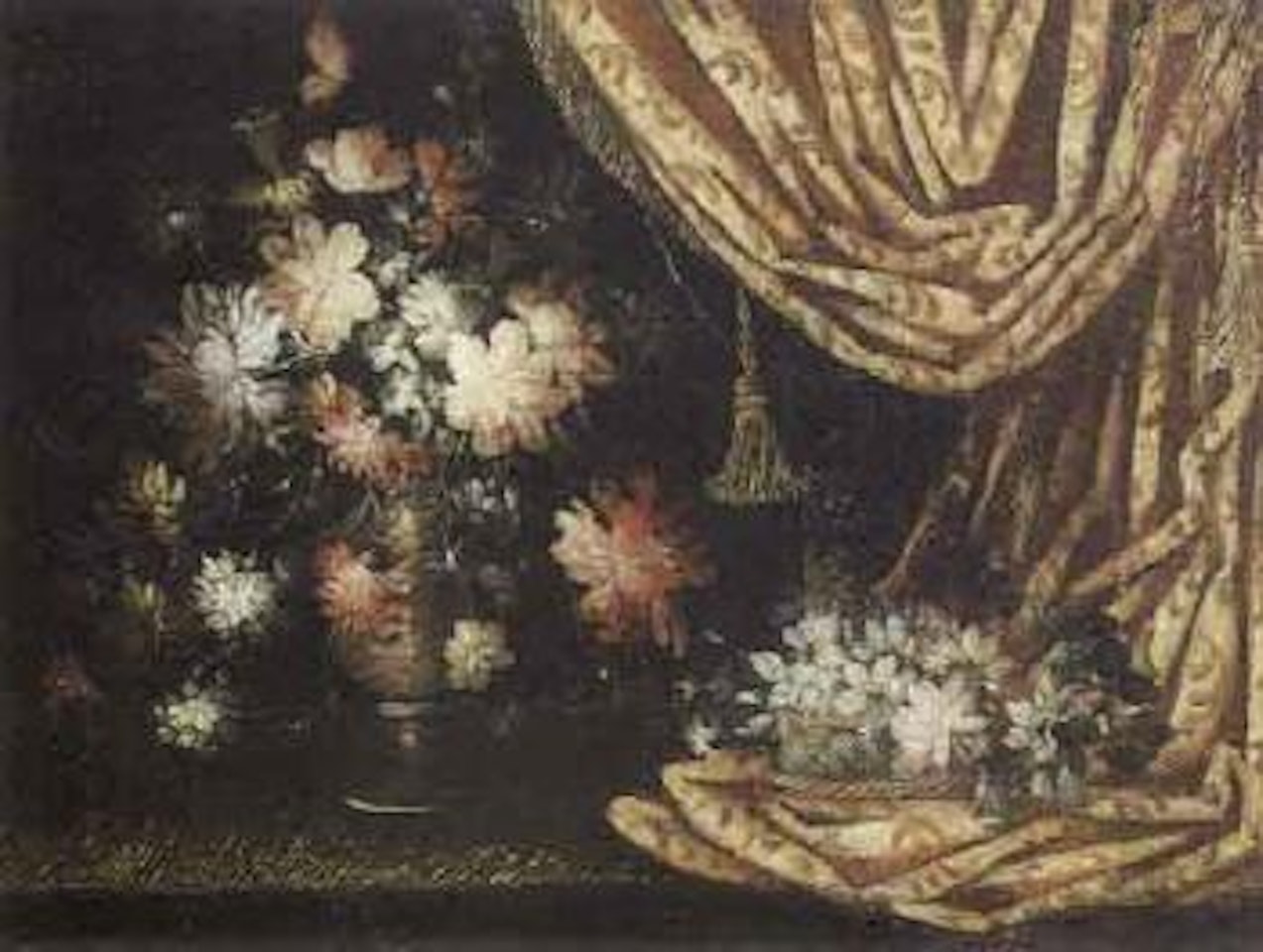 Still life with vase of flowers and drapery by Roman School