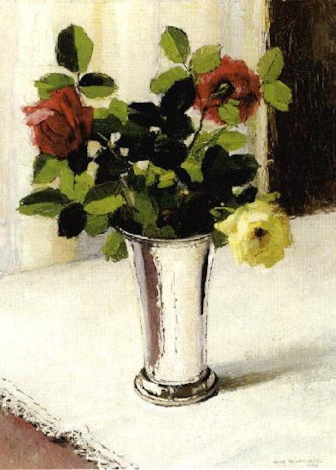 Still life of roses in silver vase by Olle Hjortzberg