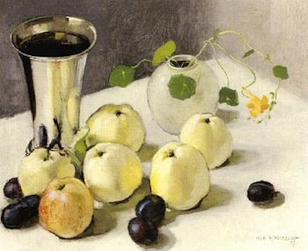 Still life of fruit and silver vase by Olle Hjortzberg