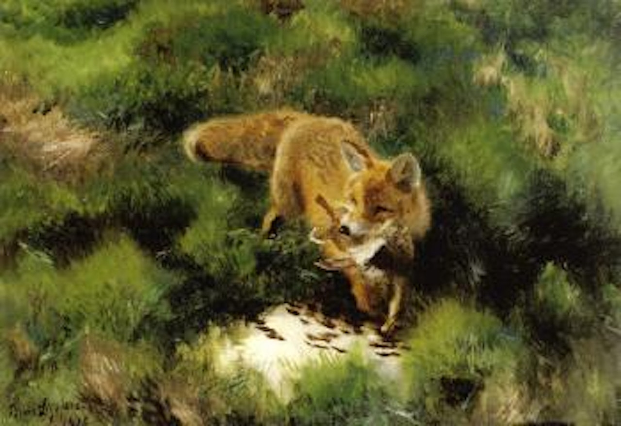 Fox carrying duck by Bruno Liljefors