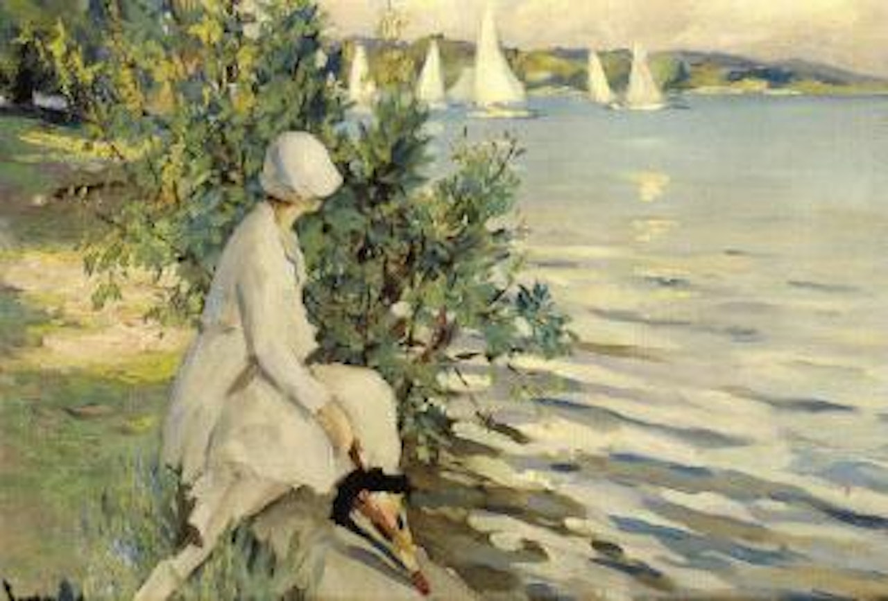 Woman with umbrella - seated on rock by sea by Edward Cucuel