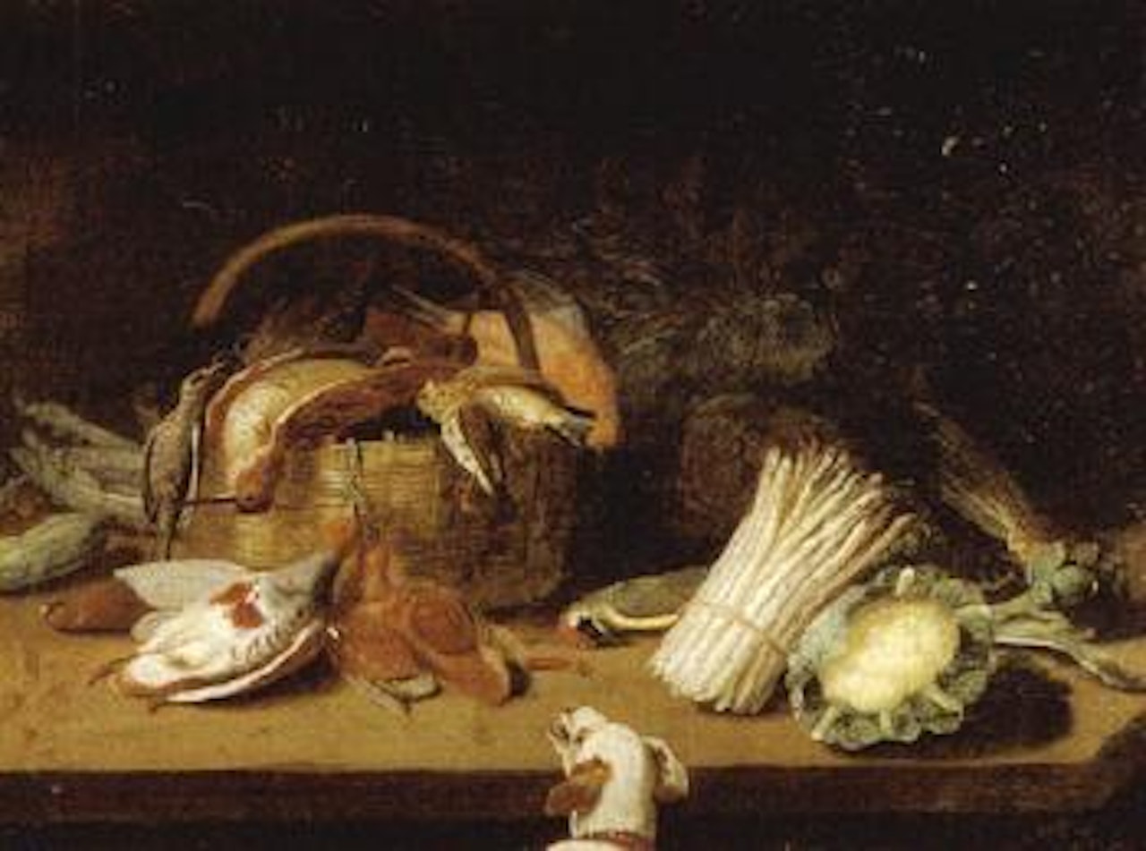 Still life of dead game and vegetables on table, dog in foreground by Jan Van Kessel The Elder