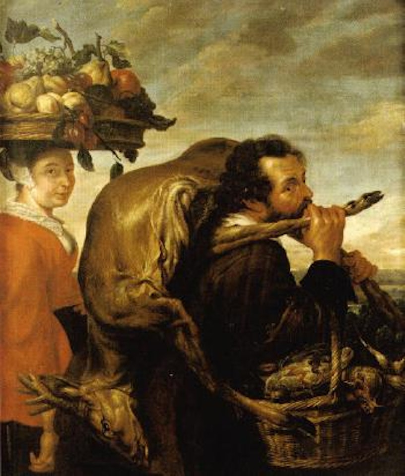 Couple in landscape with dead game and fruit by Frans Snyders