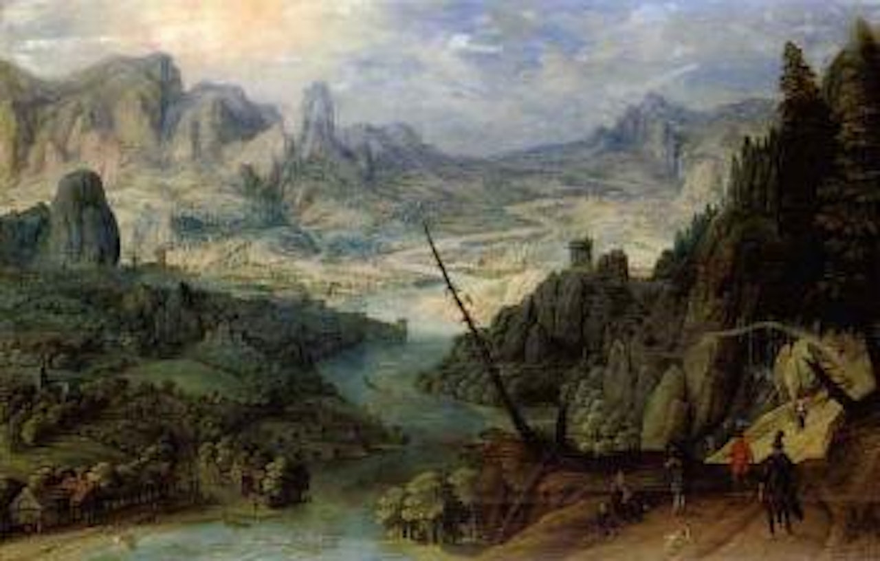 River landscape with horsemen and wanderers by Tobias Verhaecht