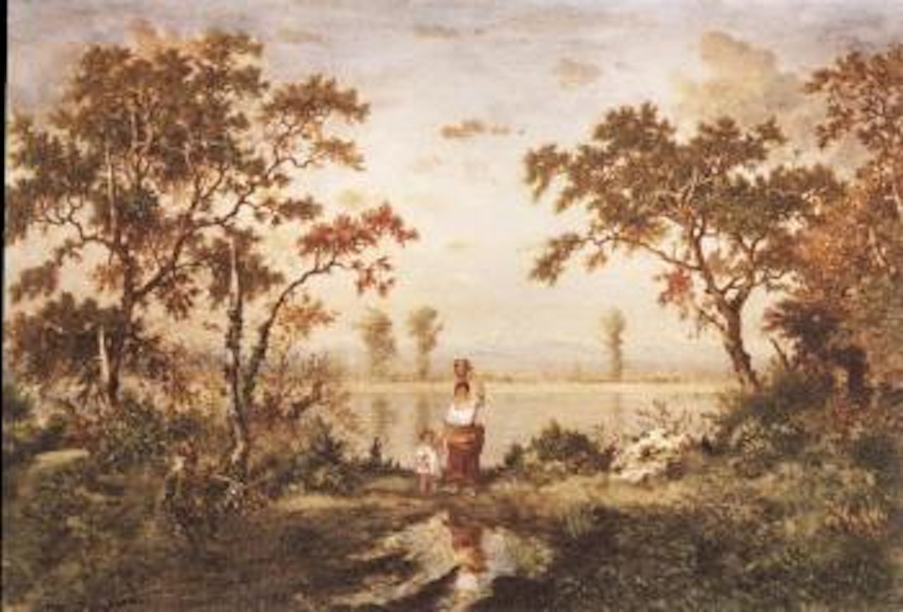 Woman and child in wooded landscape by Théodore Rousseau