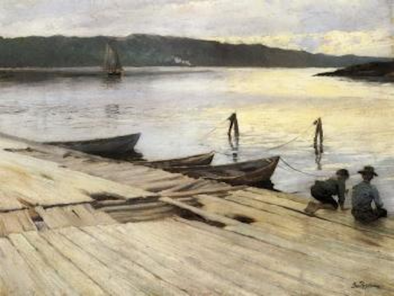 Boys sitting on bathing jetty at Hvidsten, Norway by Paul Fischer