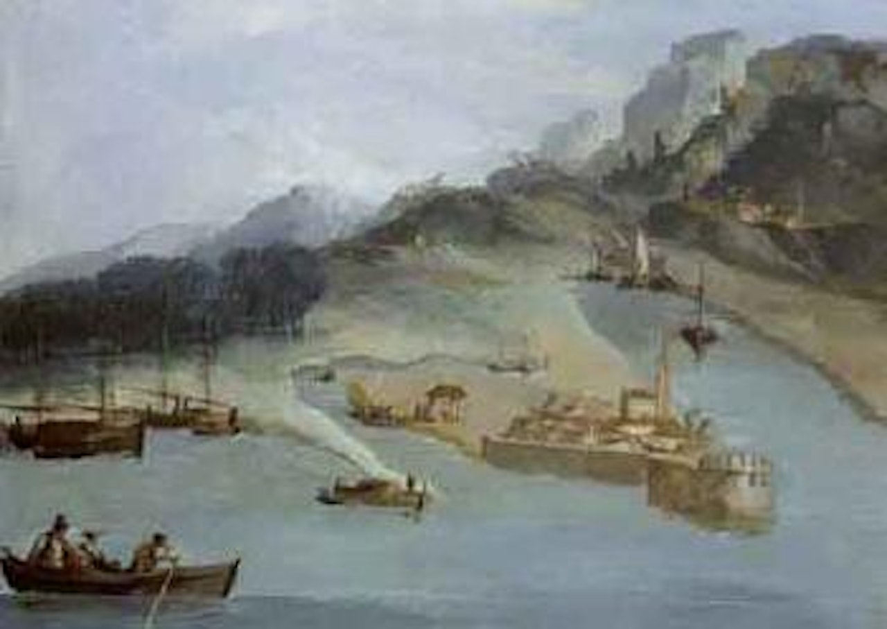 Lake landscape with boats by Giuseppe Bernardino Bison