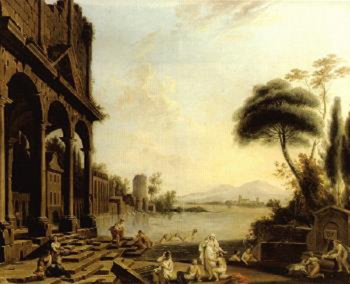 Landscape with women resting and bathing by ruins by Pierre Patel