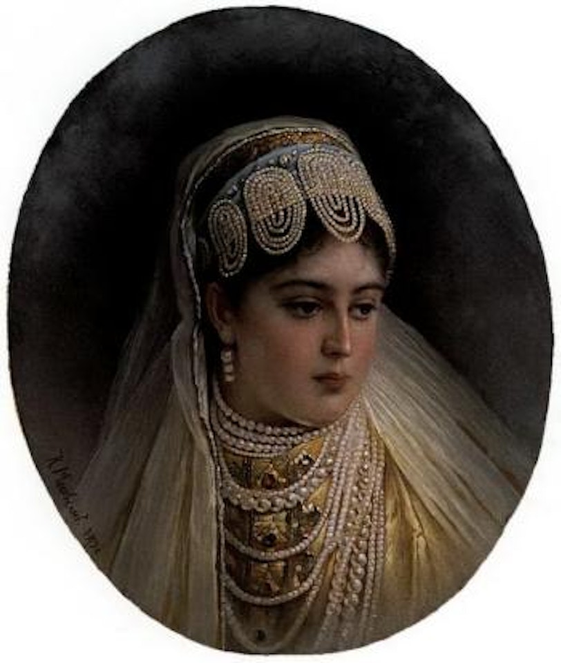 Portrait of young girl in wedding dress by Konstantin Makovsky
