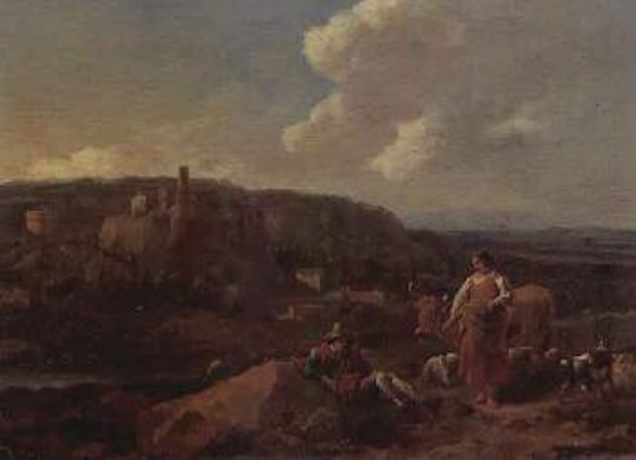 Campagna landscape with river valley by Nicolaes Pietersz Berchem