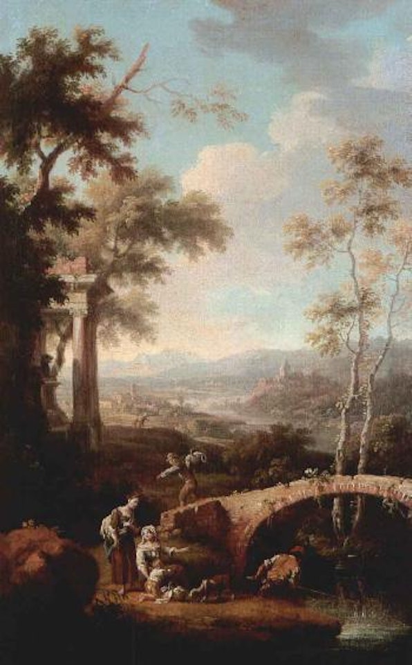 Repose by the bridge -Italian landscape by Giovanni Battista Cimaroli