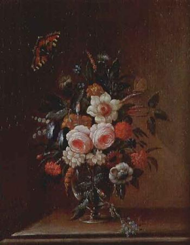 Bunch of flowers in glass vase with butterfly by Jan Pauwel Gillemans