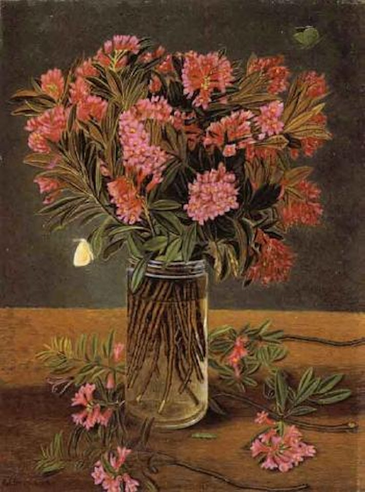 Bouquet of rhododendrons in glass jar by Adolf Dietrich