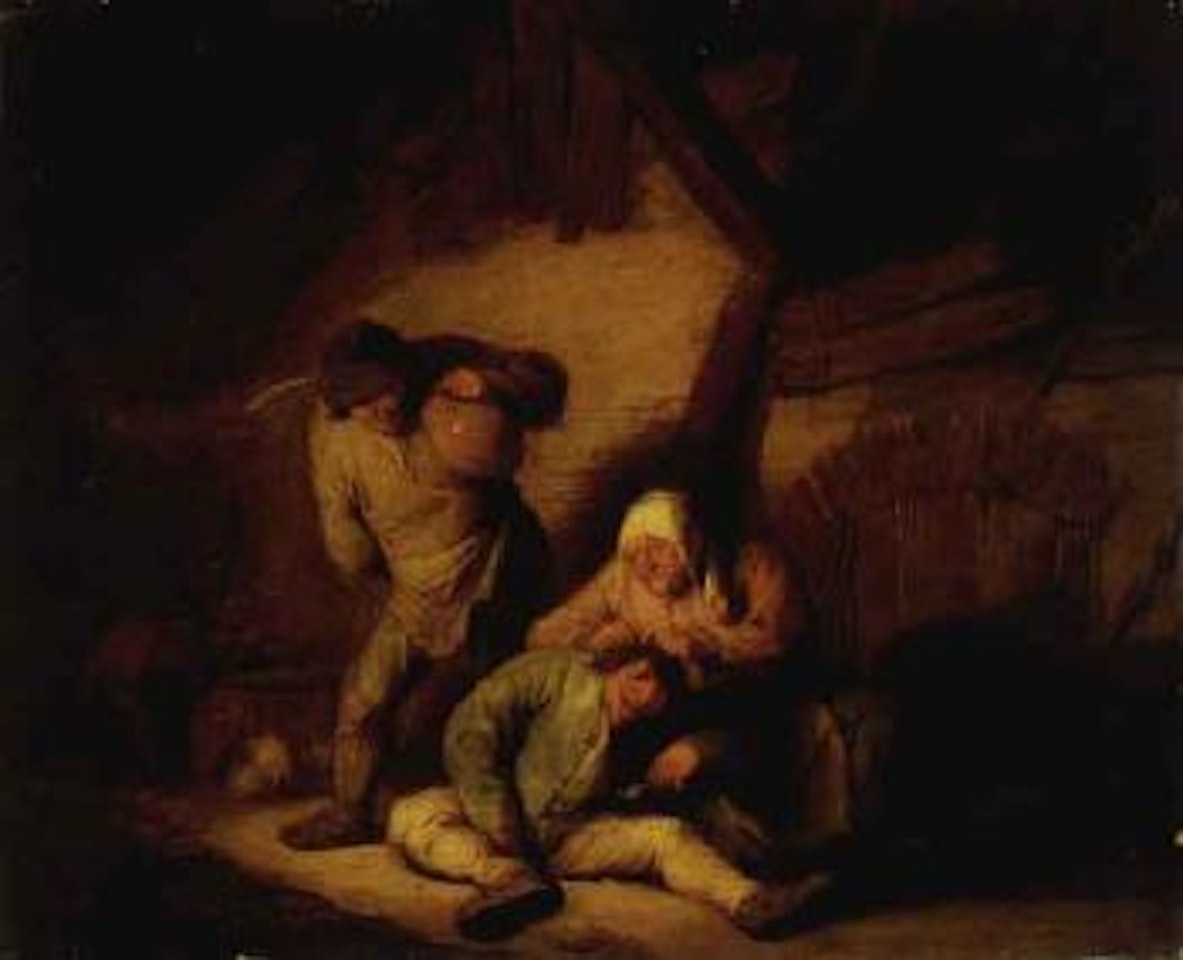 Peasant interior with old woman de-louising a man by Adriaen van Ostade