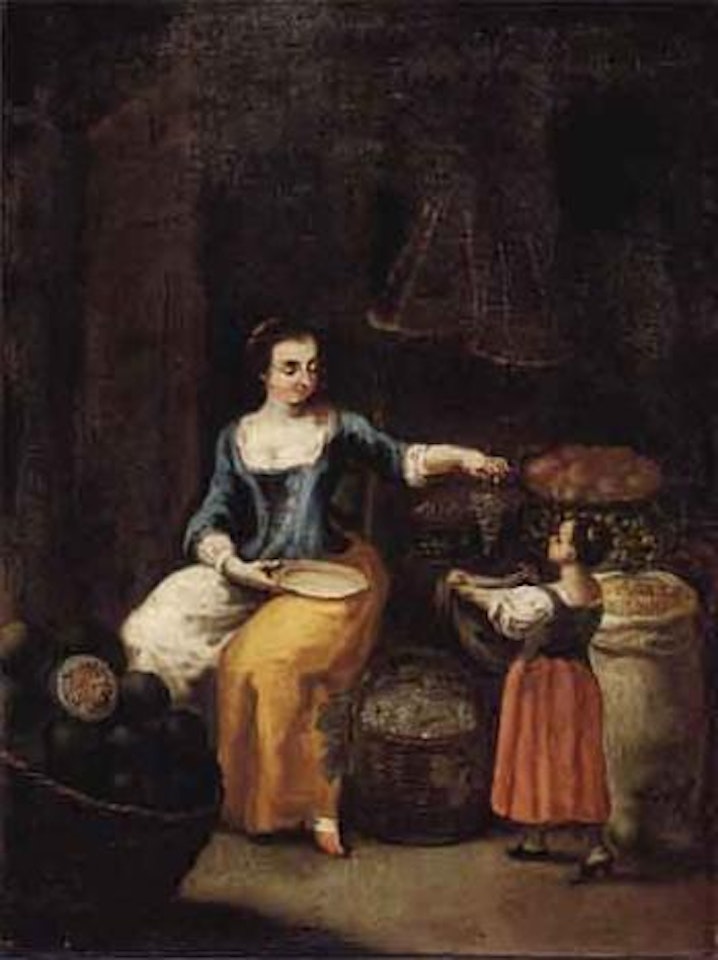 Kitchen interior with mother and child. Market scenes by Giuseppe Maria Crespi