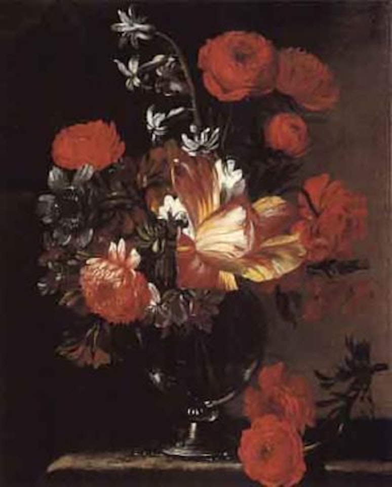 Still life of flowers in glass vase upon stone by Abraham Brueghel