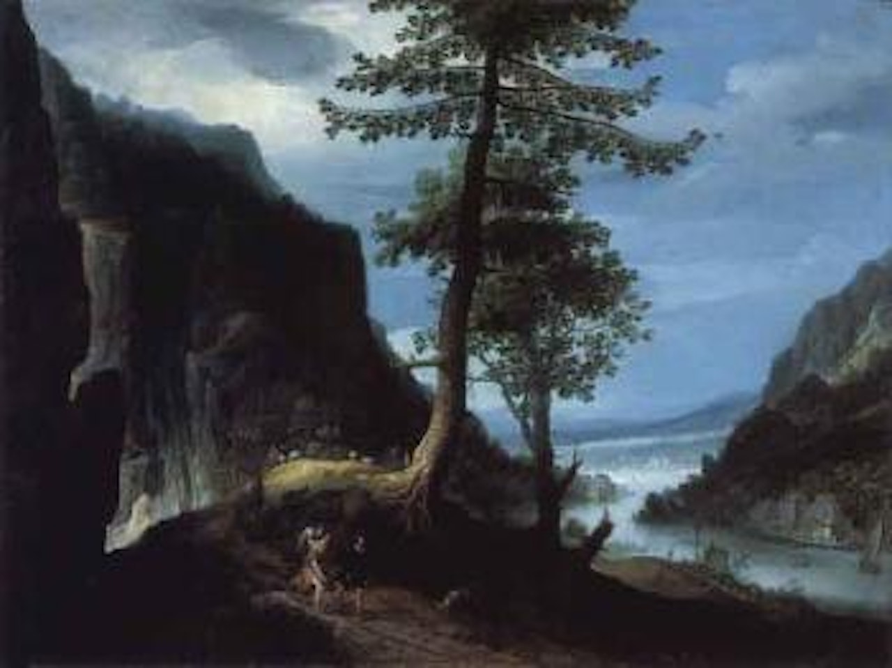 Tobias and the Archangel Raphael in rocky river landscape by Adriaen van Stalbemt