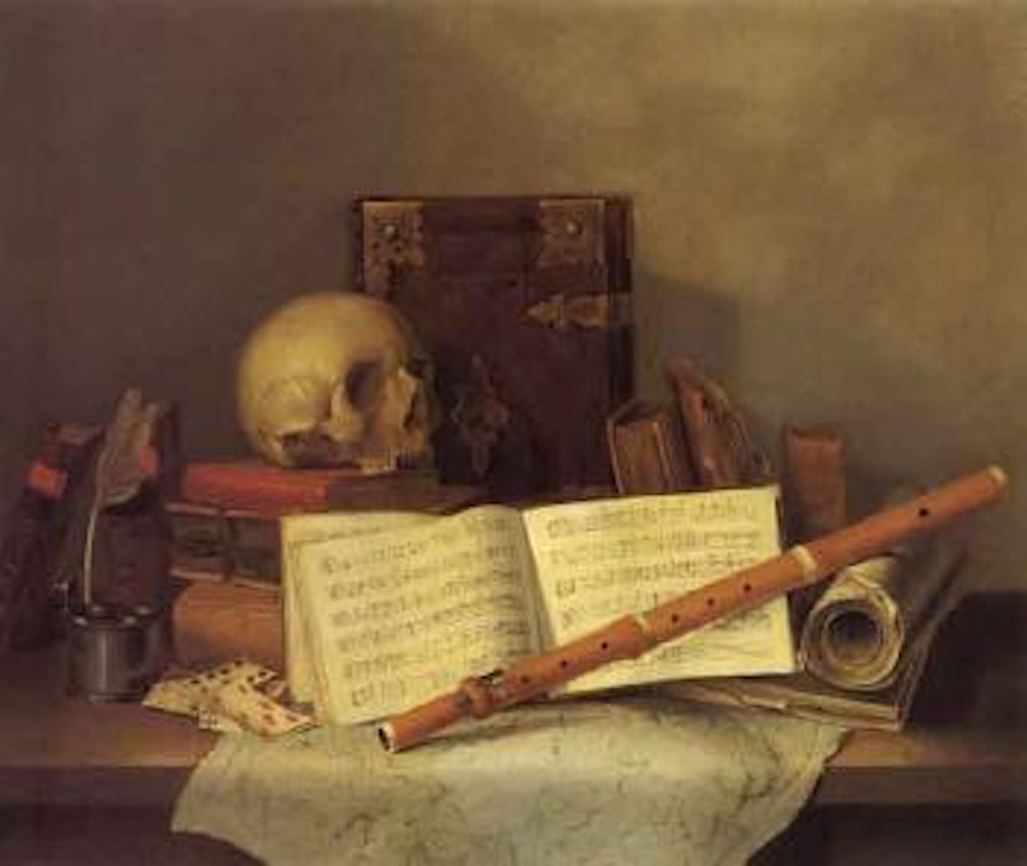 Still life with skull, books, musical score by Jean-Baptiste Oudry