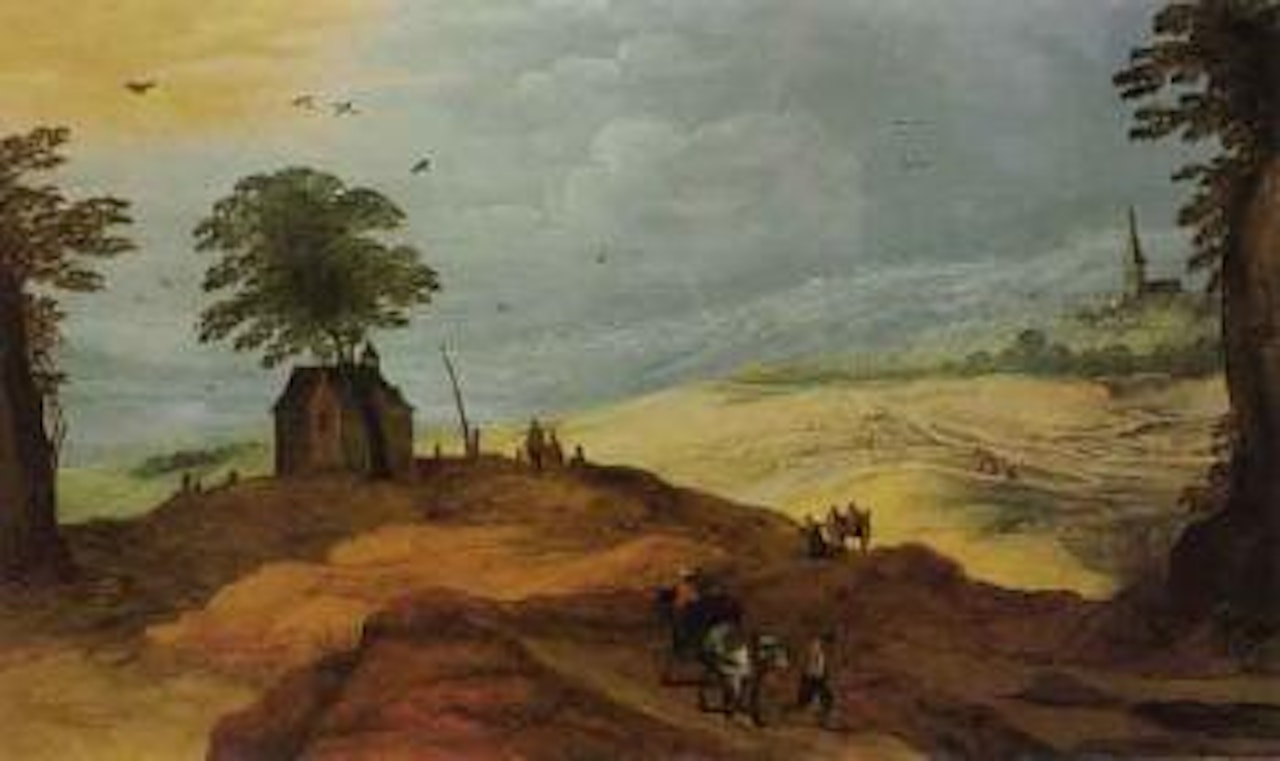 Hilly landscape with horse-drawn carts on road by Joos de Momper the Younger