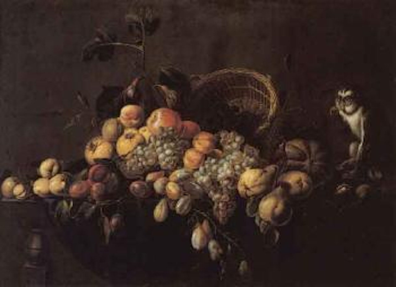 Still life of fruit, walnuts and overturned basket, monkey by Adriaen van Utrecht