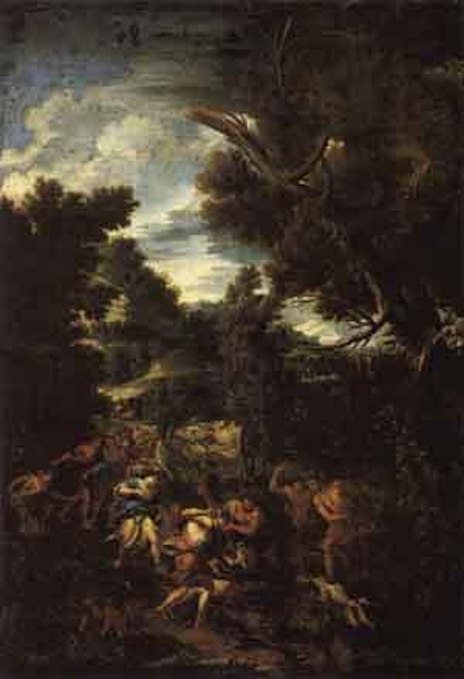 Wooded landscape with boar hunt by Roman School