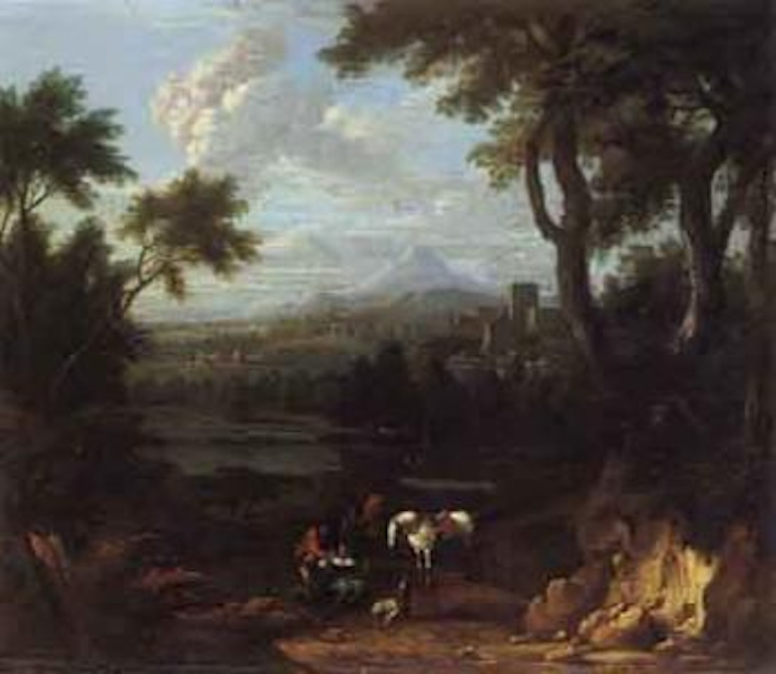 Mounted travellers on path. Mountainous landscape by Flemish School
