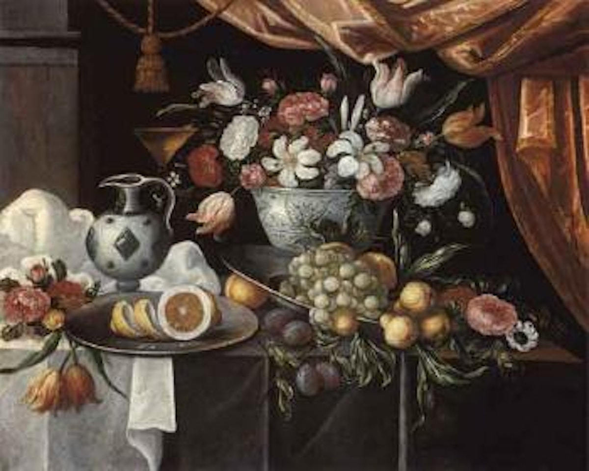 Still life of fruit and flowers in basket, onions. Still life of flowers in porcelain bowl, lemon by Spanish School