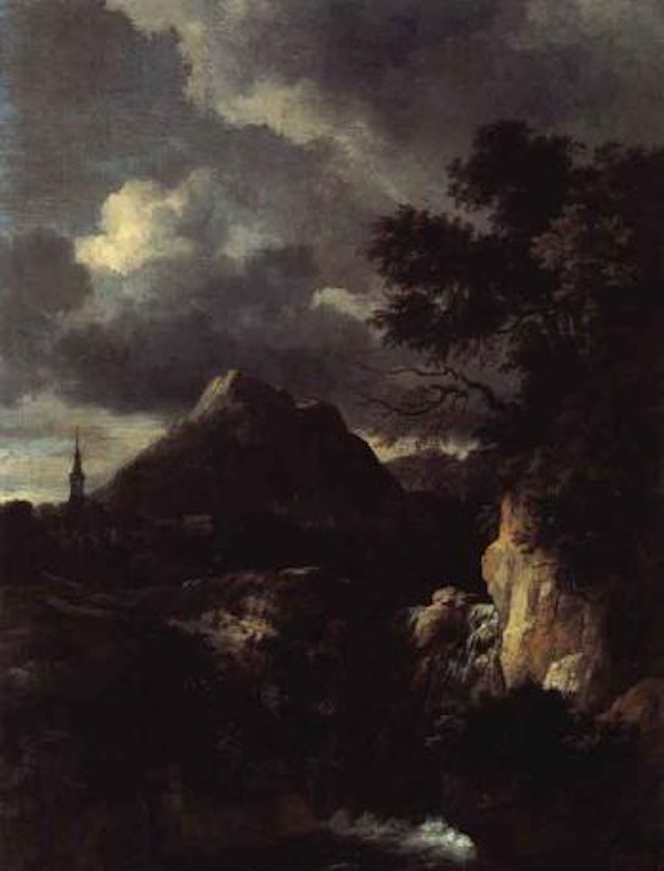 Landscape with waterfall and church beneath rocky outcrop by Jan Van Kessel The Elder