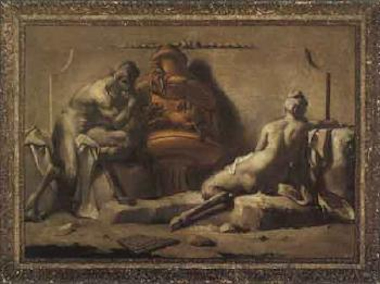 Two satyrs sitting beside bronze sculpted urn. Satyr playing flute seated beside a nymph by Venetian School
