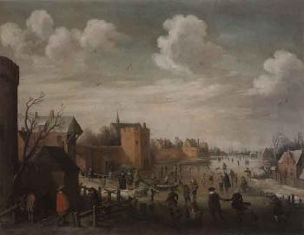 Winter landscape with Kolf players, skaters and figures by Joost Cornelisz Droochsloot