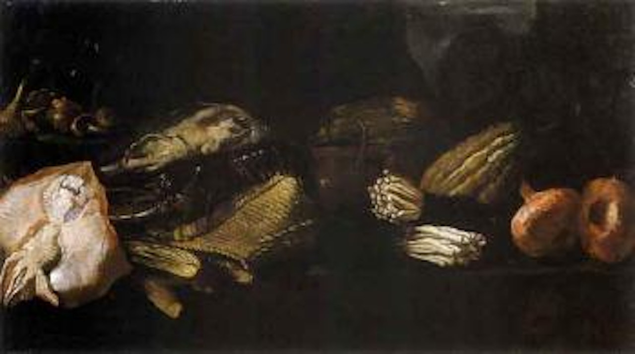 Una razza, un'aragosta, funghi, sedani, asparigi by Giuseppe Recco
