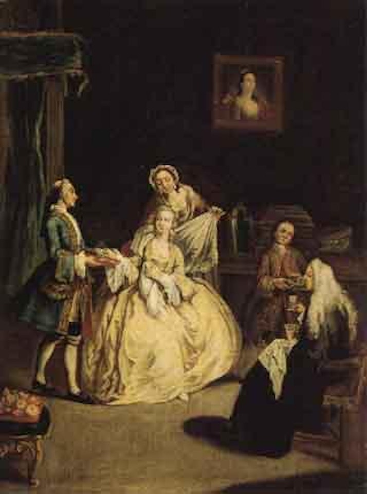 Gentildonna, i suoi servitori che prende il cioccolata caldo by Pietro Longhi