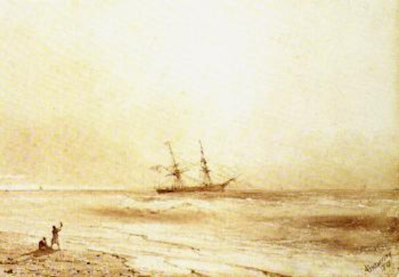 Sailboat and figures on beach by Ivan Konstantinovich Aivazovsky