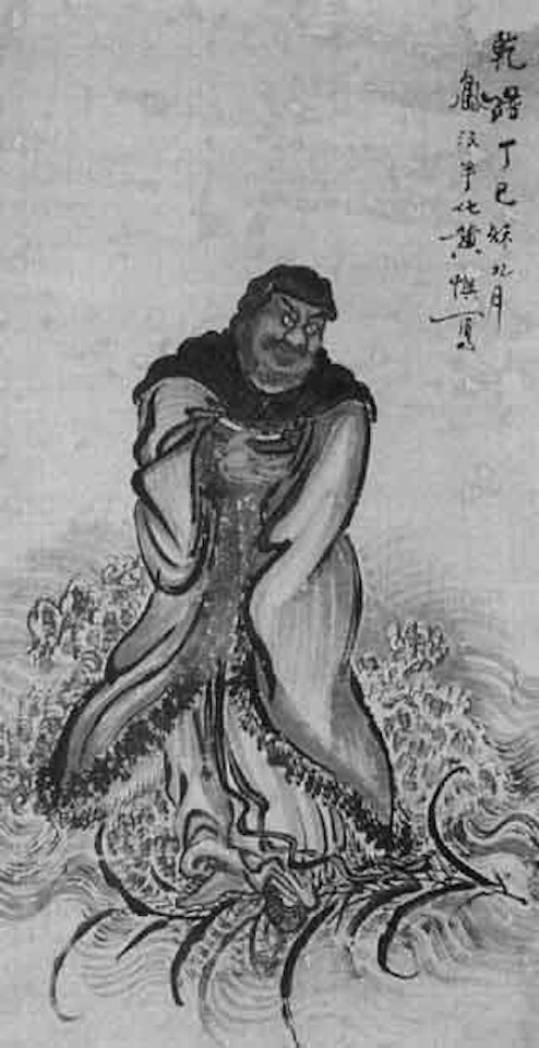 Bhodiharma crossing sea on redd by Huang Shen