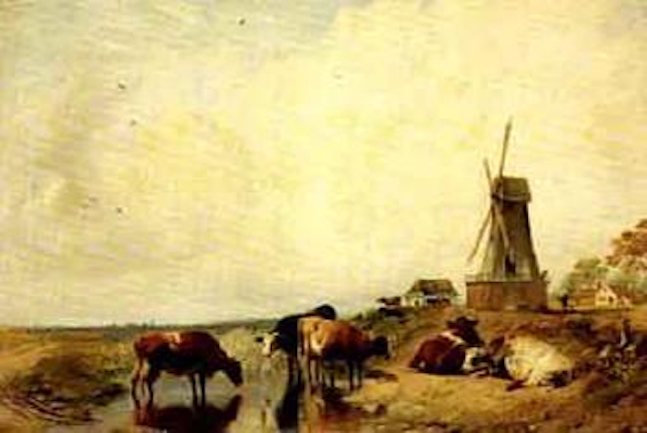 Cattle drinking by windmill by Thomas Sidney Cooper
