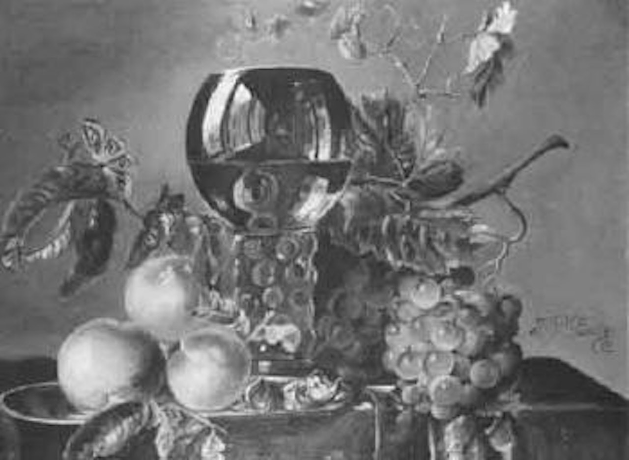 Fruit, roemer and butterfly on draped table by Frederick Victor Bailey