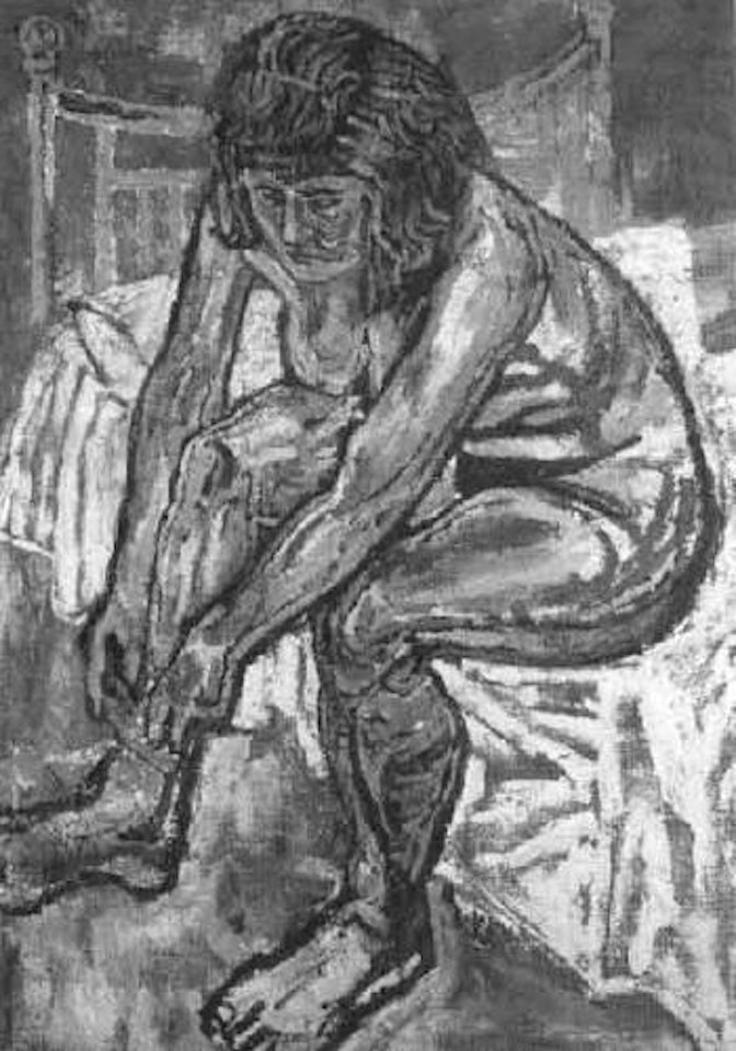 Female nude dressing by John Bratby