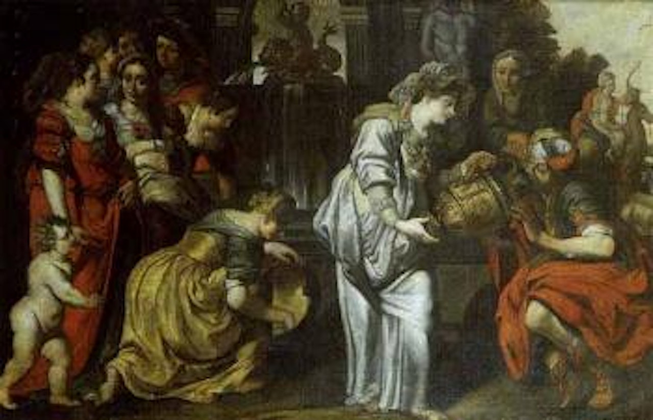 Rebecca offering a drink to her father by French School