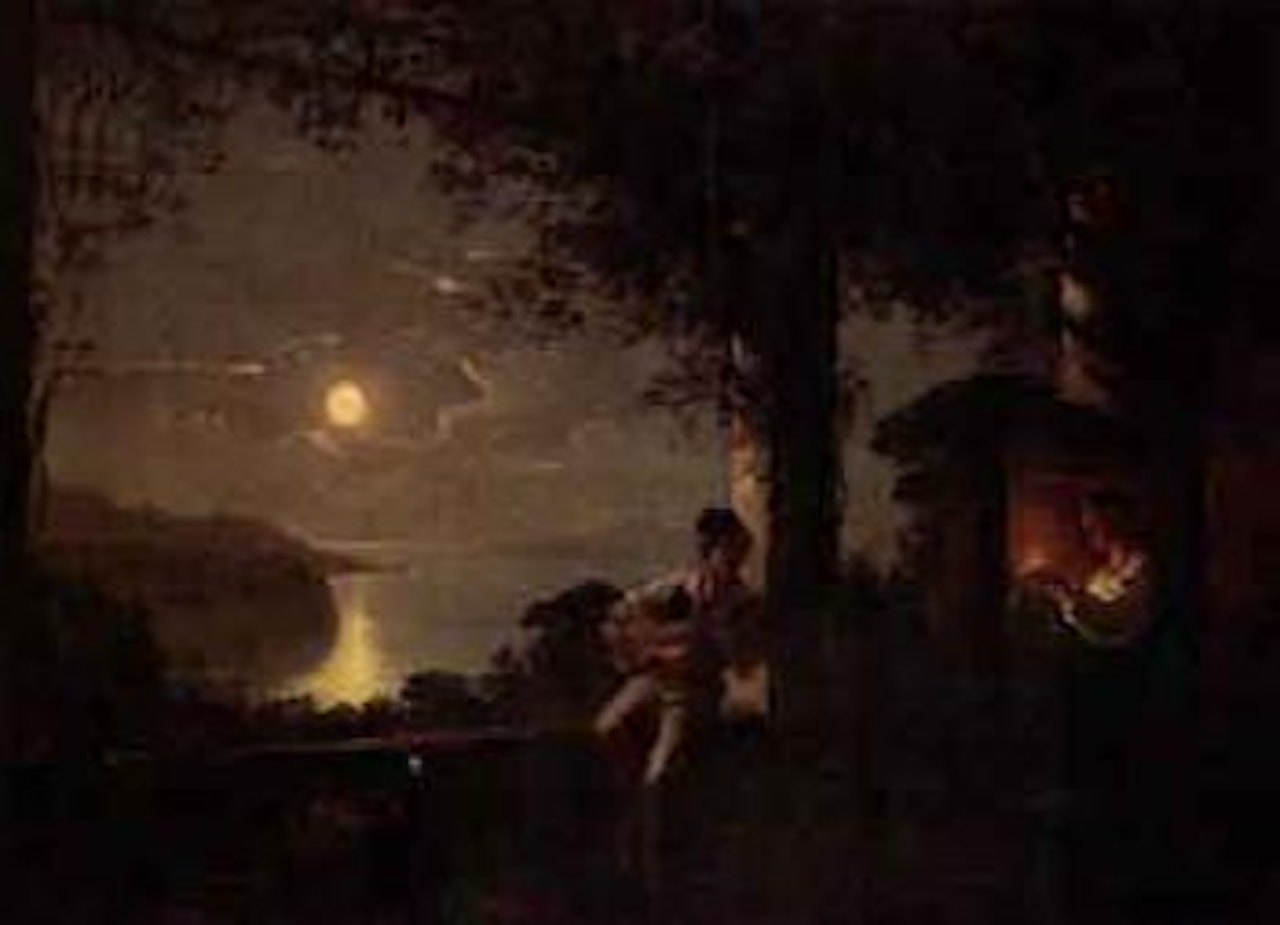 Italianate moonlit landscape with lovers on terrace by Italian School