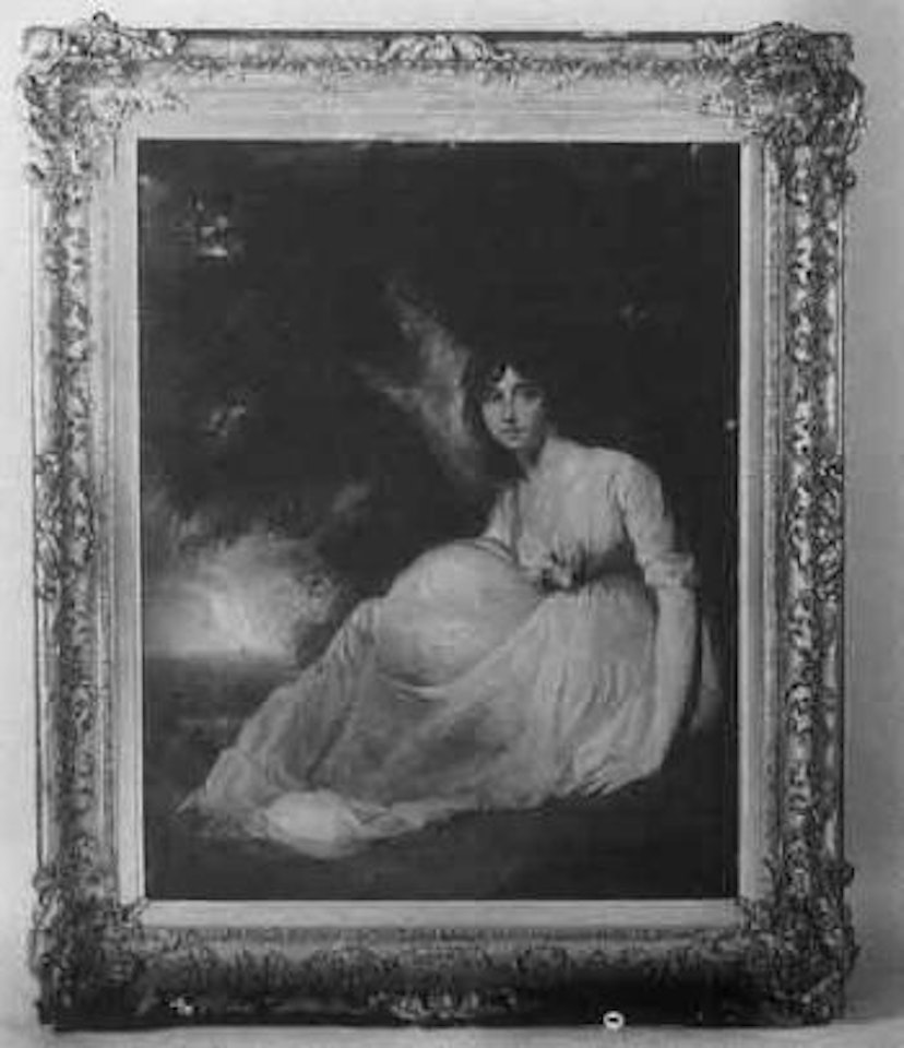 Portrait of seated woman by tree, coastal landscape beyond by English School