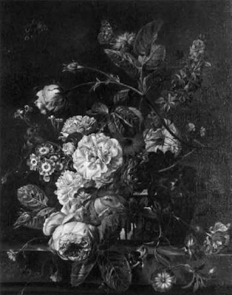 Roses, delphiniums, carnations, auricula in basket on ledge by Frederick Victor Bailey