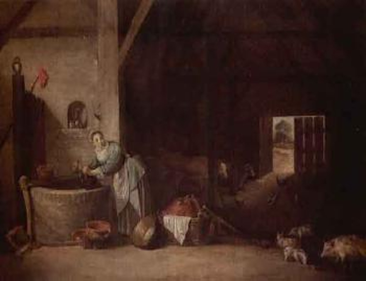 Woman scouring pots at well in stable by David Teniers II