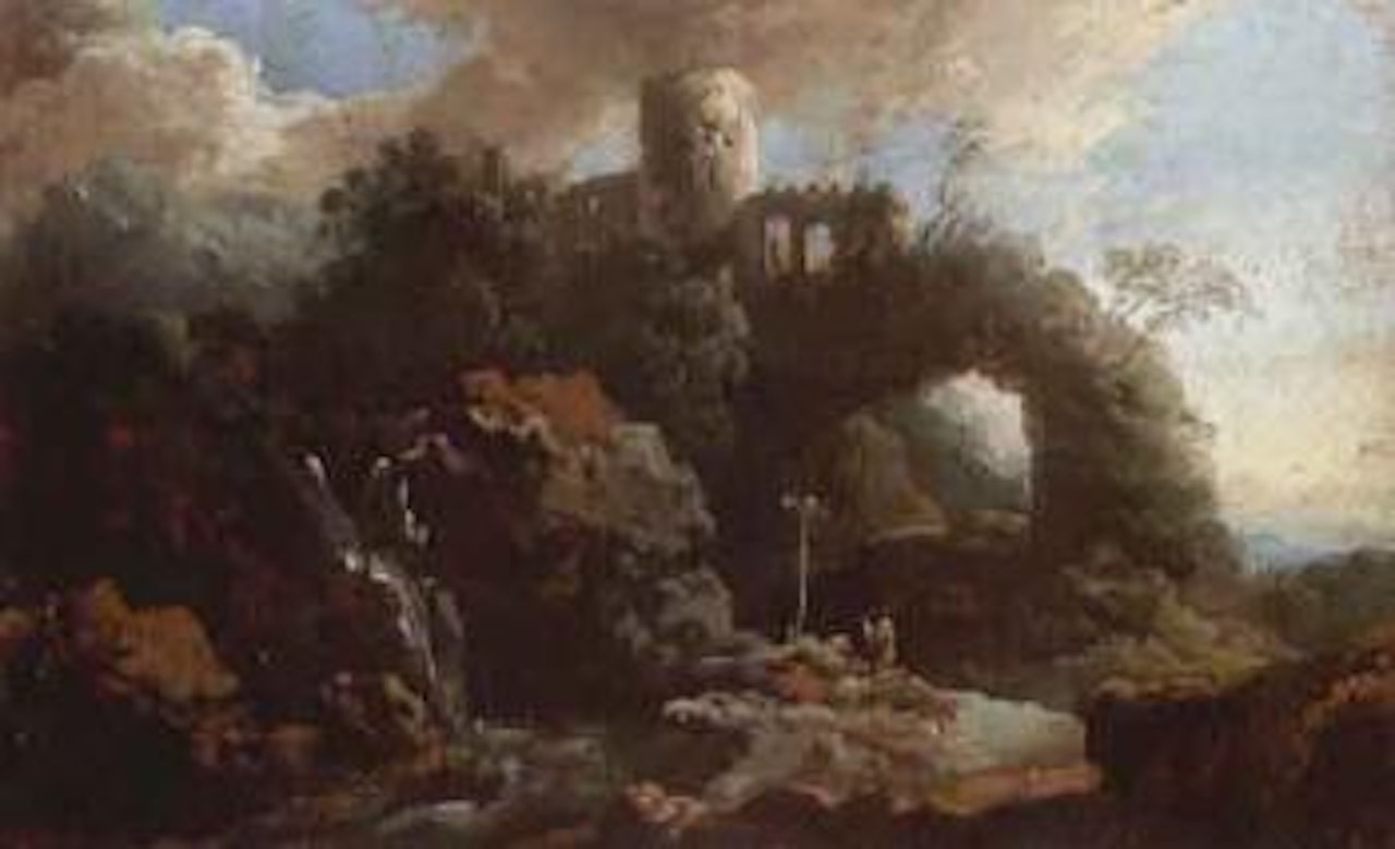 Hermit Saint at prayer in rocky river landscape by Alessandro Magnasco