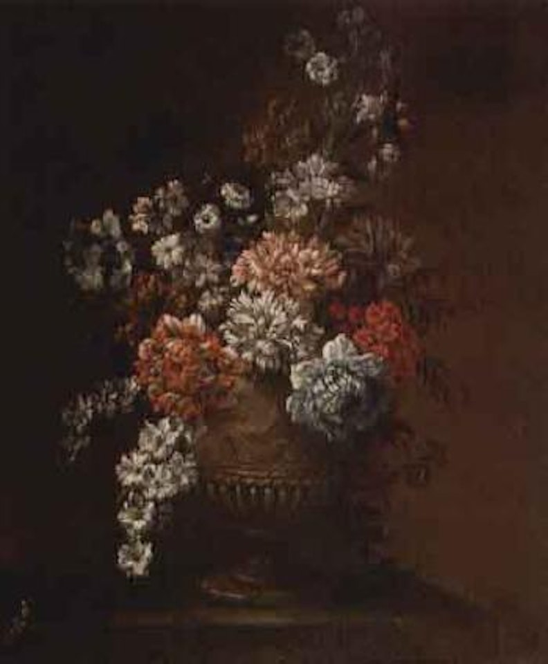 Carnations, asters, blossom and other flowers in urn by Jean Baptiste Monnoyer